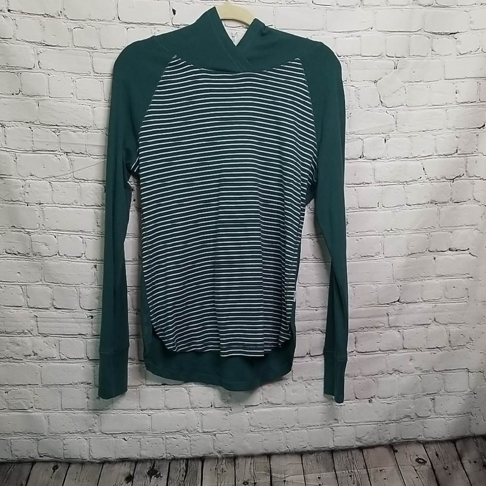 🎯 Eddie Bauer Women's Large Pullover Hoodie Sweater Green White Stripe EUC
